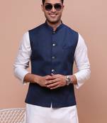 Showoff men's solid navy blue slim fit nehru jacket