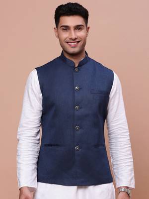 Showoff men's solid navy blue slim fit nehru jacket 2