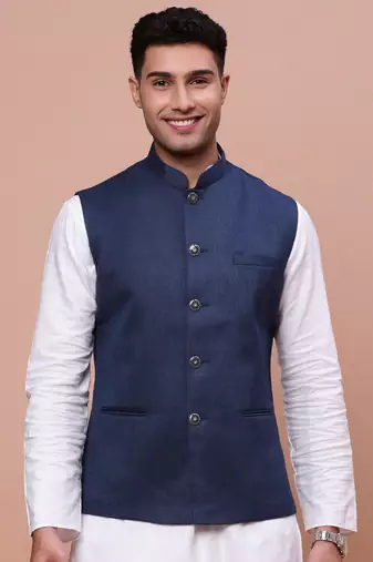 Showoff men's solid navy blue slim fit nehru jacket
