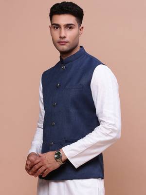 Showoff men's solid navy blue slim fit nehru jacket 3