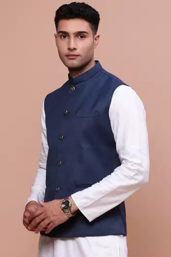 Showoff men's solid navy blue slim fit nehru jacket