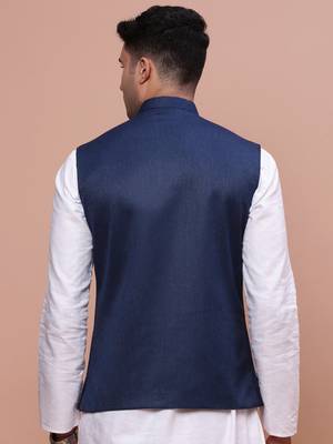 Showoff men's solid navy blue slim fit nehru jacket 4