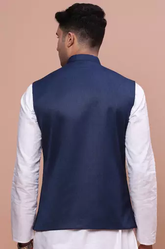 Showoff men's solid navy blue slim fit nehru jacket