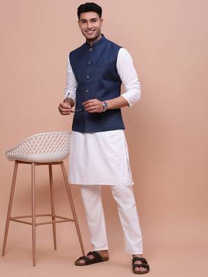 Showoff men's solid navy blue slim fit nehru jacket 5