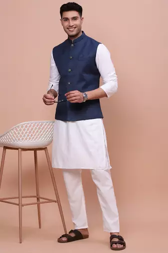 Showoff men's solid navy blue slim fit nehru jacket
