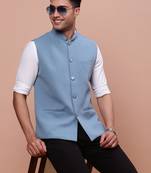 men's woven design blue slim fit nehru jacket