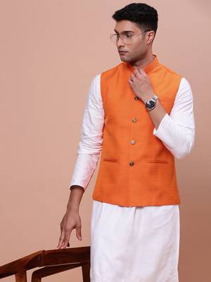 men's solid orange slim fit nehru jacket 1