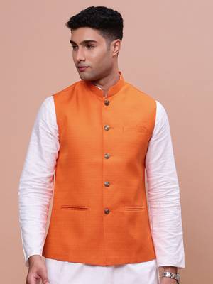 men's solid orange slim fit nehru jacket 2