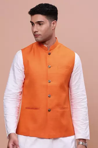 men's solid orange slim fit nehru jacket
