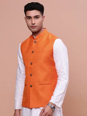 men's solid orange slim fit nehru jacket 3