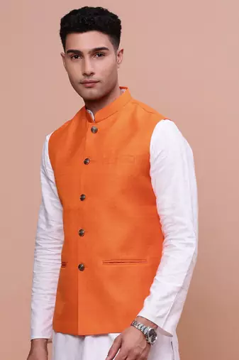 men's solid orange slim fit nehru jacket