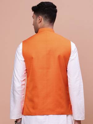 men's solid orange slim fit nehru jacket 4