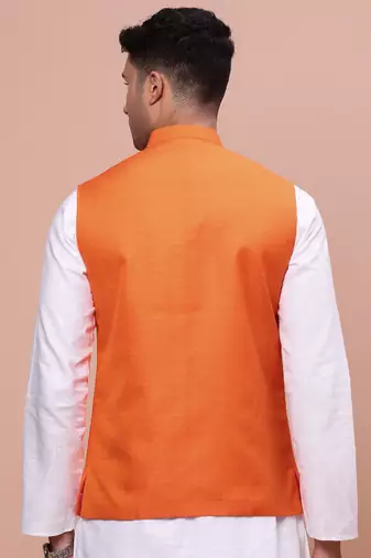 men's solid orange slim fit nehru jacket