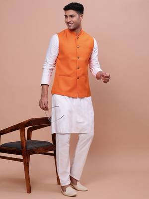 men's solid orange slim fit nehru jacket 5