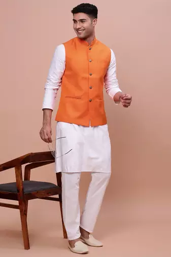 men's solid orange slim fit nehru jacket