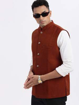 men's brown solid nehru jacket 1