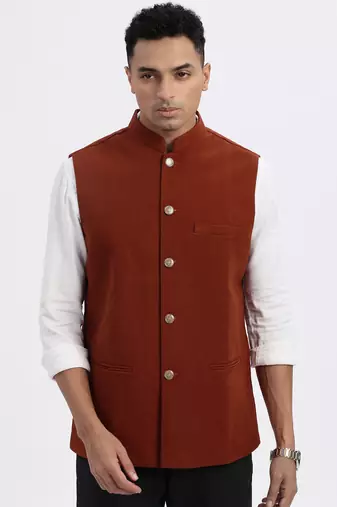 men's brown solid nehru jacket
