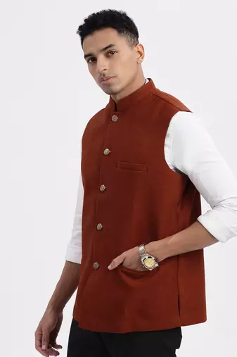 men's brown solid nehru jacket