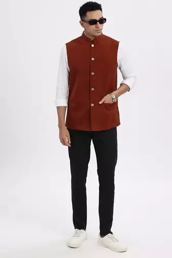 men's brown solid nehru jacket