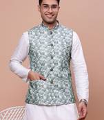 men's woven design teal slim fit nehru jacket