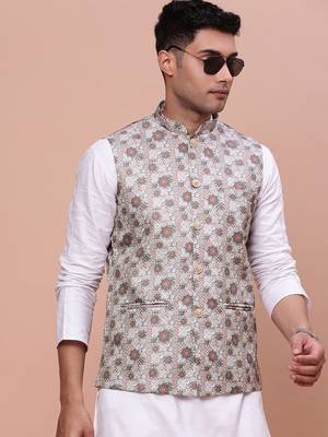men's woven design brown slim fit nehru jacket 1