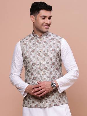 men's woven design brown slim fit nehru jacket 2