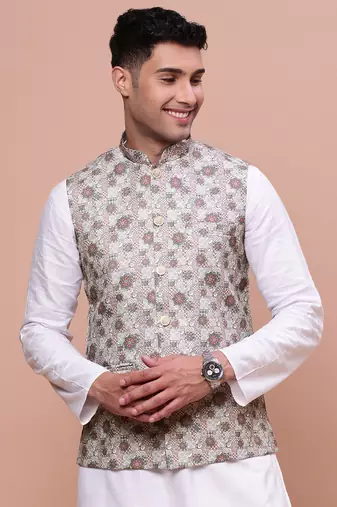men's woven design brown slim fit nehru jacket