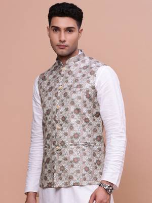 men's woven design brown slim fit nehru jacket 3