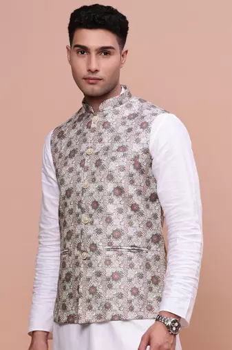 men's woven design brown slim fit nehru jacket