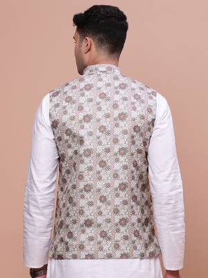 men's woven design brown slim fit nehru jacket 4