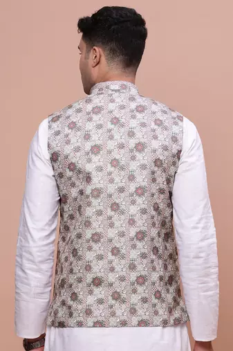men's woven design brown slim fit nehru jacket