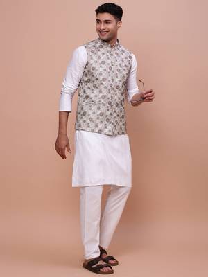 men's woven design brown slim fit nehru jacket 5
