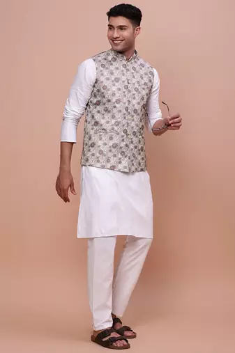 men's woven design brown slim fit nehru jacket