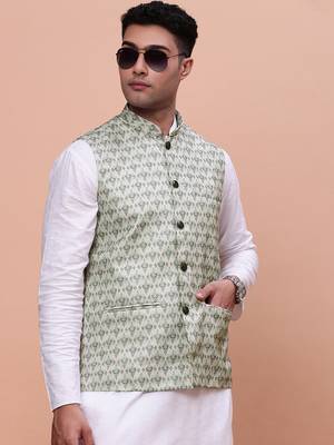 men's woven design green slim fit nehru jacket 1