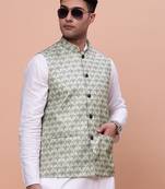 men's woven design green slim fit nehru jacket