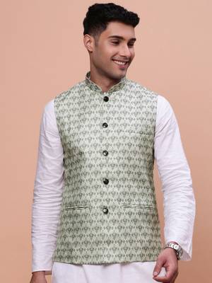 men's woven design green slim fit nehru jacket 2