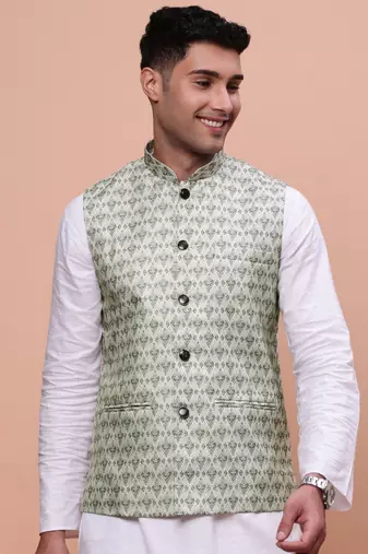 men's woven design green slim fit nehru jacket