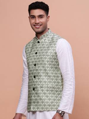 men's woven design green slim fit nehru jacket 3