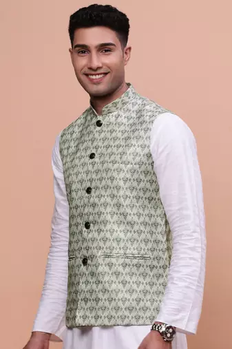 men's woven design green slim fit nehru jacket