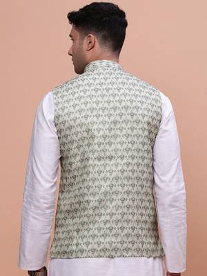 men's woven design green slim fit nehru jacket 4