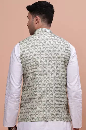 men's woven design green slim fit nehru jacket