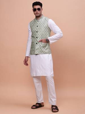 men's woven design green slim fit nehru jacket 5