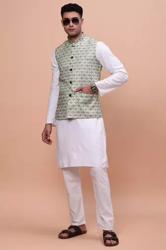 men's woven design green slim fit nehru jacket