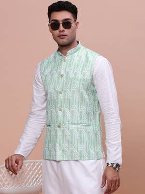 men's solid green slim fit nehru jacket 1