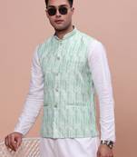 men's solid green slim fit nehru jacket
