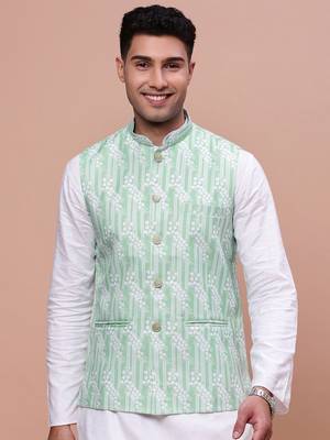 men's solid green slim fit nehru jacket 2