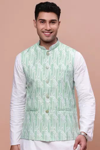 men's solid green slim fit nehru jacket