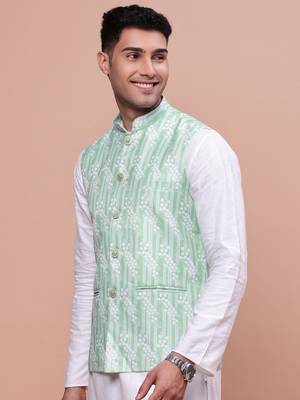 men's solid green slim fit nehru jacket 3