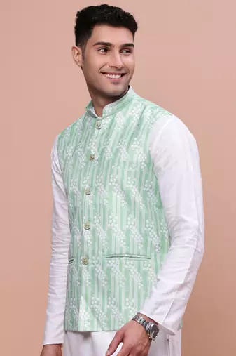 men's solid green slim fit nehru jacket