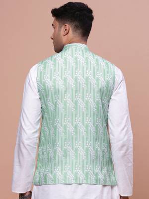 men's solid green slim fit nehru jacket 4